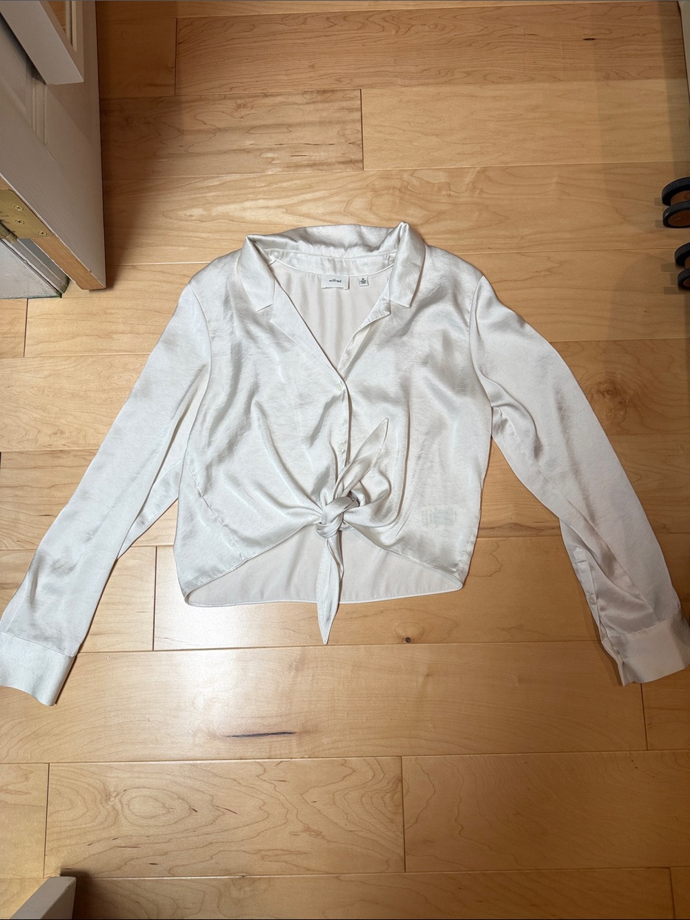 Aritzia Ivory Satin Tie-Front Button Down Shirt